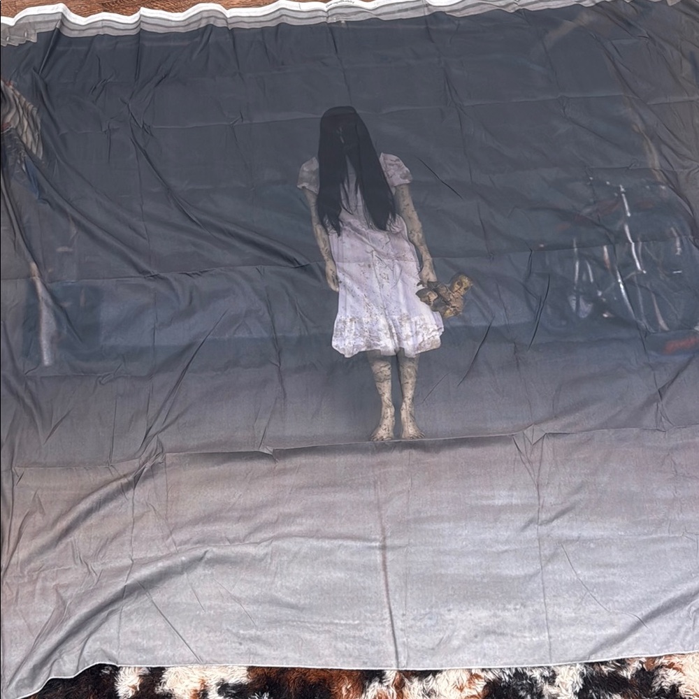 Creepy Girl Tapestry with Teddy Bear for Garage Door